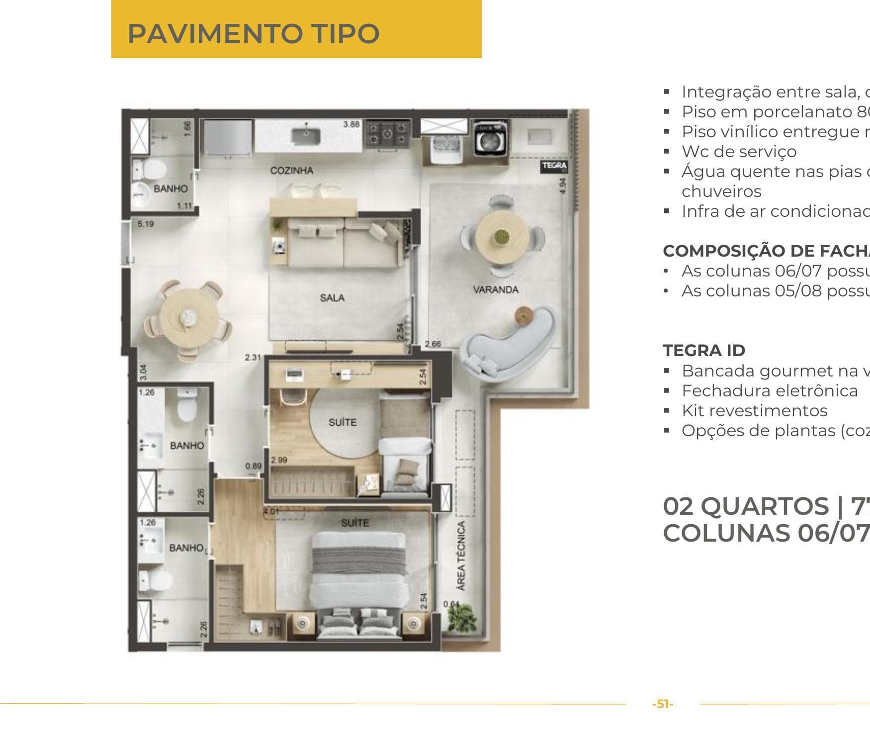 Planta 2 quartos | 77 m² 77 m² (colunas 06/07) — KRONOS by Tegra
