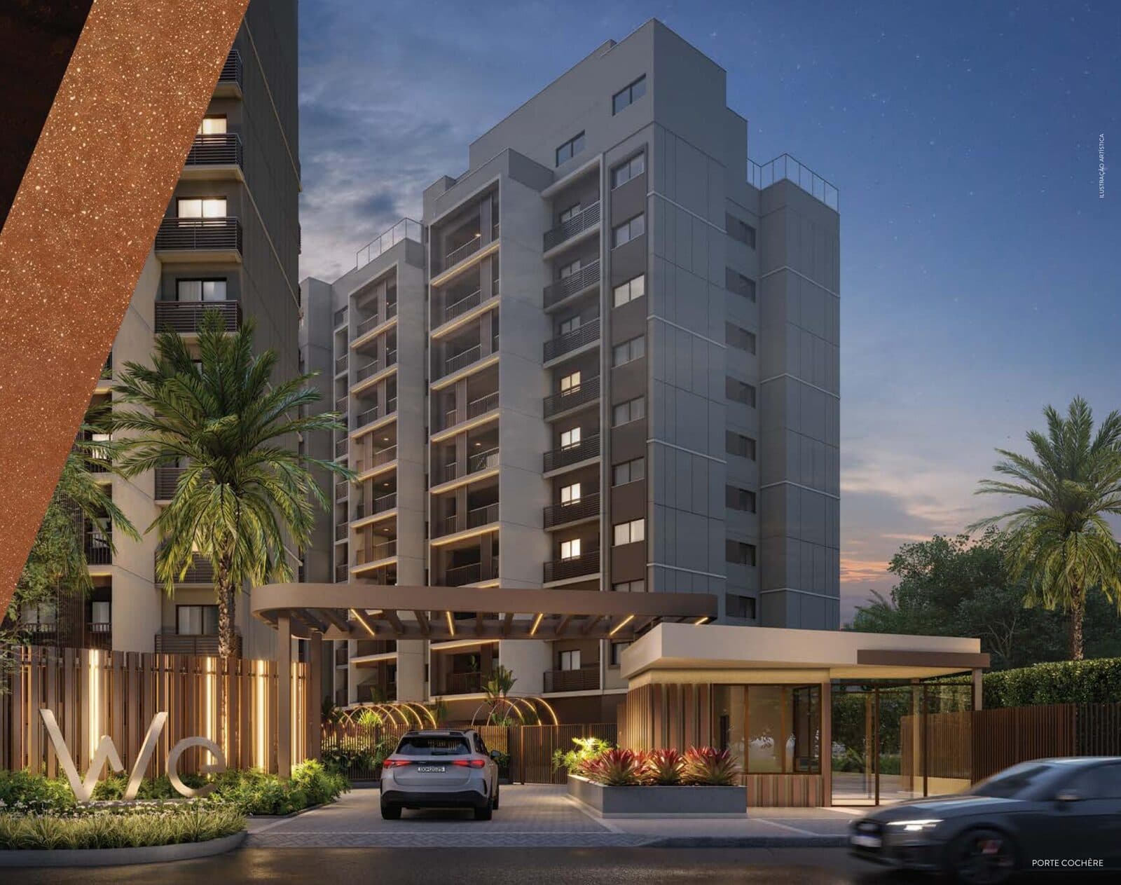 Fachada do WE Barra by Living ao entardecer
