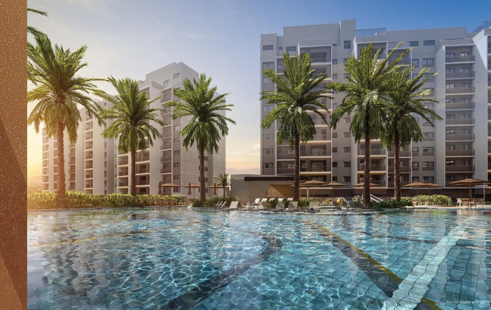 Lazer de resort do WE Barra by Living / Cyrela ao entardecer