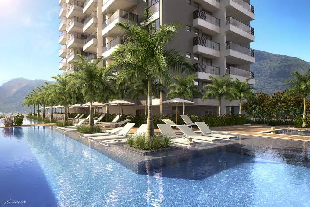 Parque aquático com piscina e palmeiras do Astra no Ilha Pura