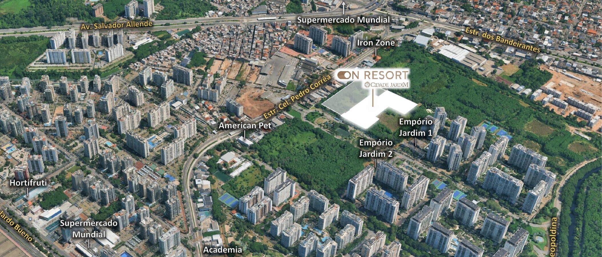 Mapa aéreo com a localização do ON Resort no Cidade Jardim, entre o Empório Jardim e a Estrada dos Bandeirantes