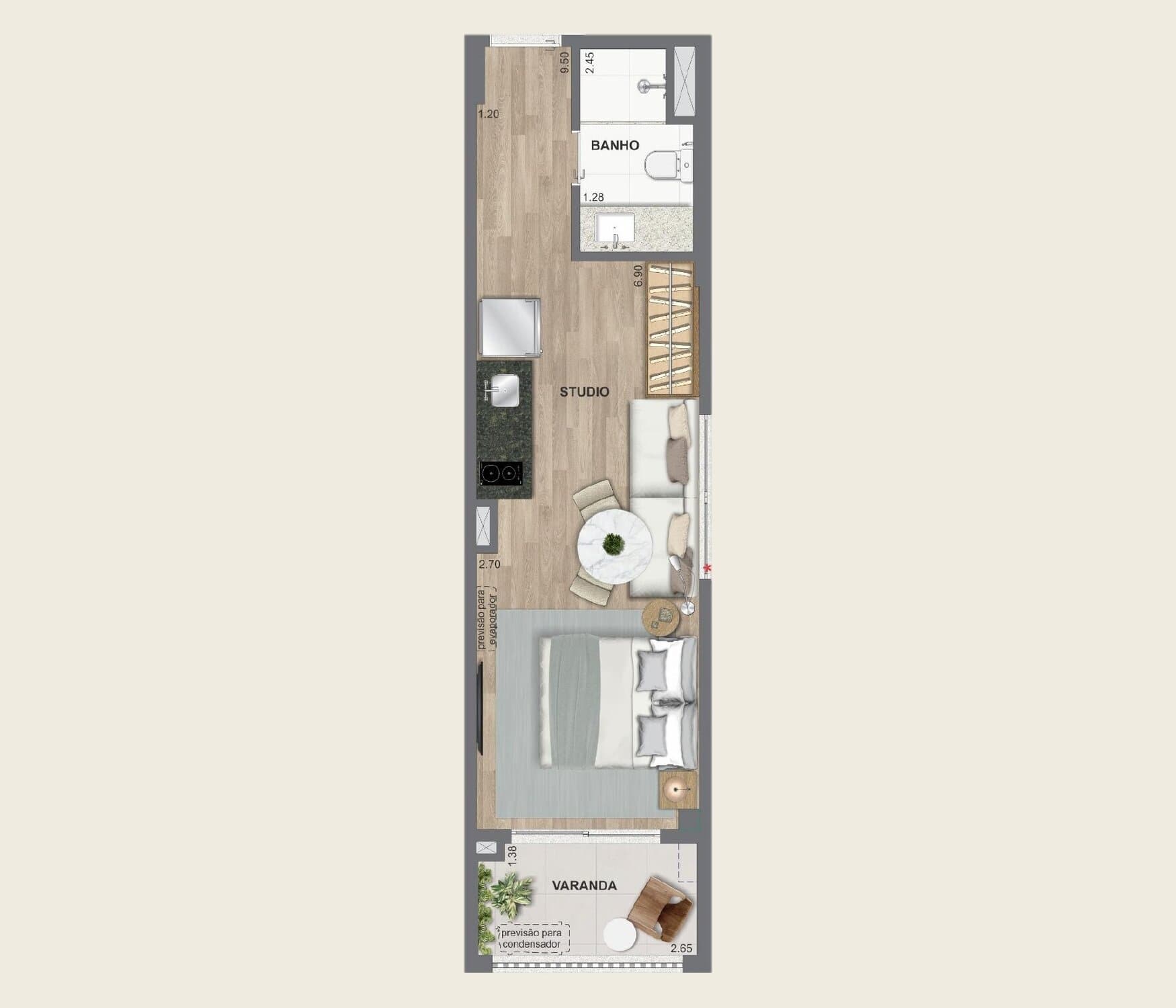 Planta Studio | 32 e 33 m² 32 e 33 m² (Ed. Polinésia) — ON Resort Cidade Jardim